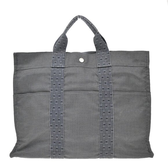 HERMES Logo Herline MM Hand Tote Bag Canvas Gray SHW Made In France 38KA972 - Picture 1 of 16